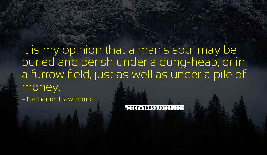 Nathaniel Hawthorne Quotes: It is my opinion that a man's soul may be buried and perish under a dung-heap, or in a furrow field, just as well as under a pile of money.