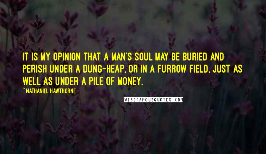 Nathaniel Hawthorne Quotes: It is my opinion that a man's soul may be buried and perish under a dung-heap, or in a furrow field, just as well as under a pile of money.