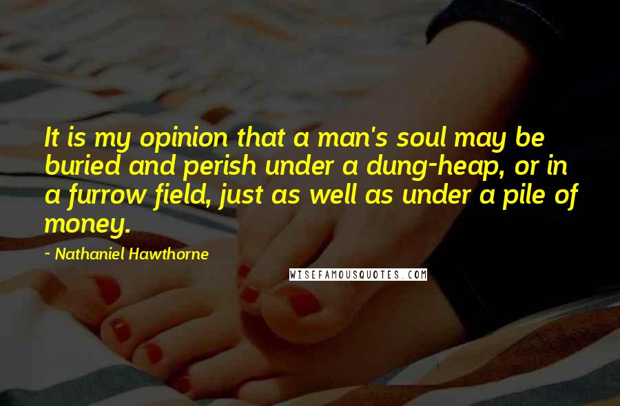 Nathaniel Hawthorne Quotes: It is my opinion that a man's soul may be buried and perish under a dung-heap, or in a furrow field, just as well as under a pile of money.