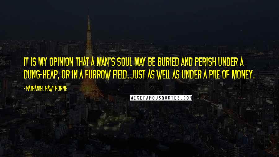 Nathaniel Hawthorne Quotes: It is my opinion that a man's soul may be buried and perish under a dung-heap, or in a furrow field, just as well as under a pile of money.