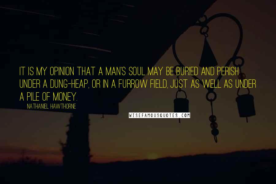 Nathaniel Hawthorne Quotes: It is my opinion that a man's soul may be buried and perish under a dung-heap, or in a furrow field, just as well as under a pile of money.