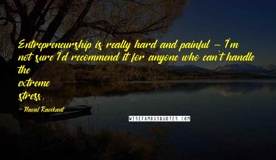 Naval Ravikant Quotes: Entrepreneurship is really hard and painful - I'm not sure I'd recommend it for anyone who can't handle the extreme stress.