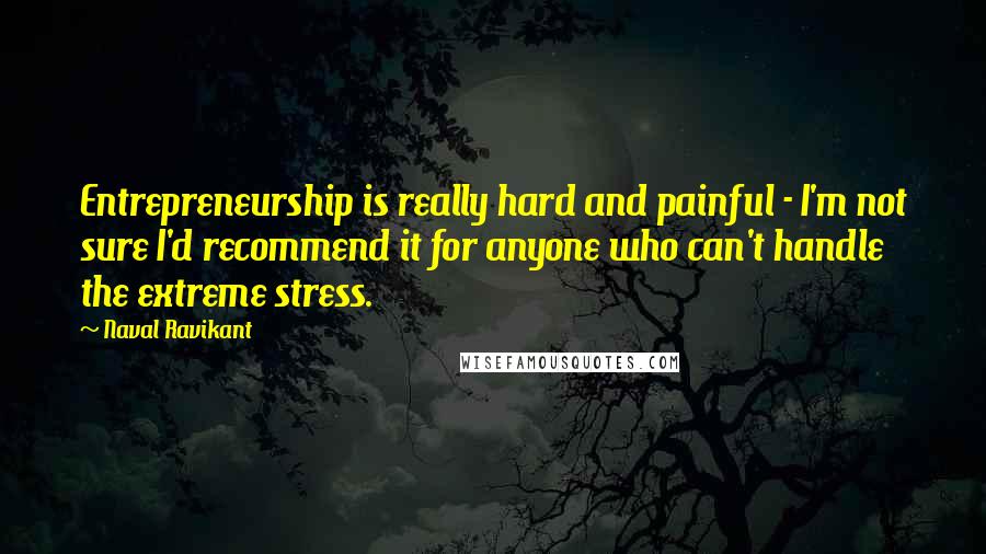 Naval Ravikant Quotes: Entrepreneurship is really hard and painful - I'm not sure I'd recommend it for anyone who can't handle the extreme stress.