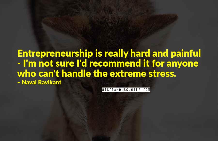 Naval Ravikant Quotes: Entrepreneurship is really hard and painful - I'm not sure I'd recommend it for anyone who can't handle the extreme stress.