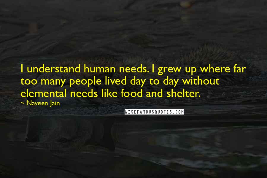 Naveen Jain Quotes: I understand human needs. I grew up where far too many people lived day to day without elemental needs like food and shelter.