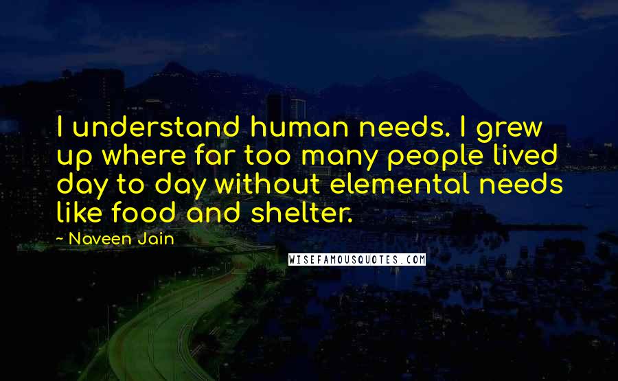 Naveen Jain Quotes: I understand human needs. I grew up where far too many people lived day to day without elemental needs like food and shelter.