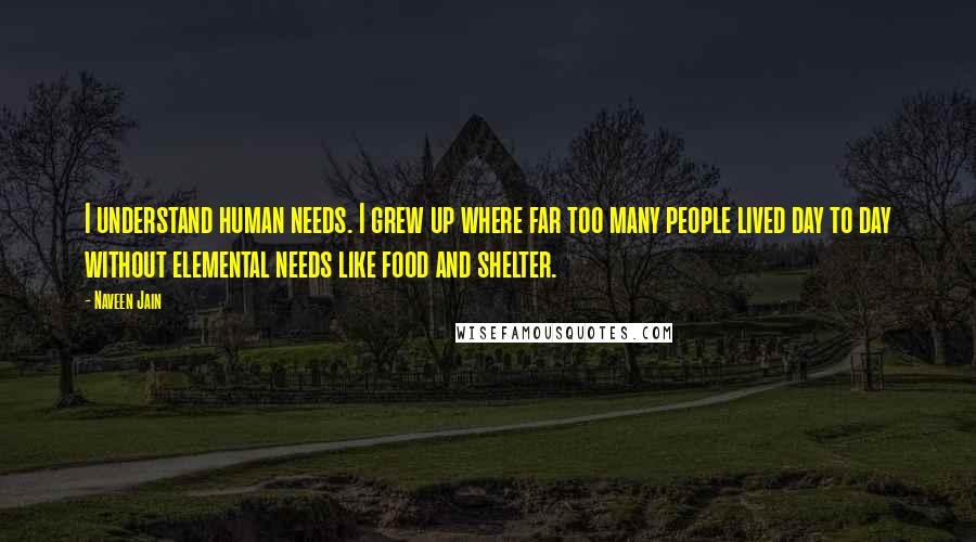 Naveen Jain Quotes: I understand human needs. I grew up where far too many people lived day to day without elemental needs like food and shelter.