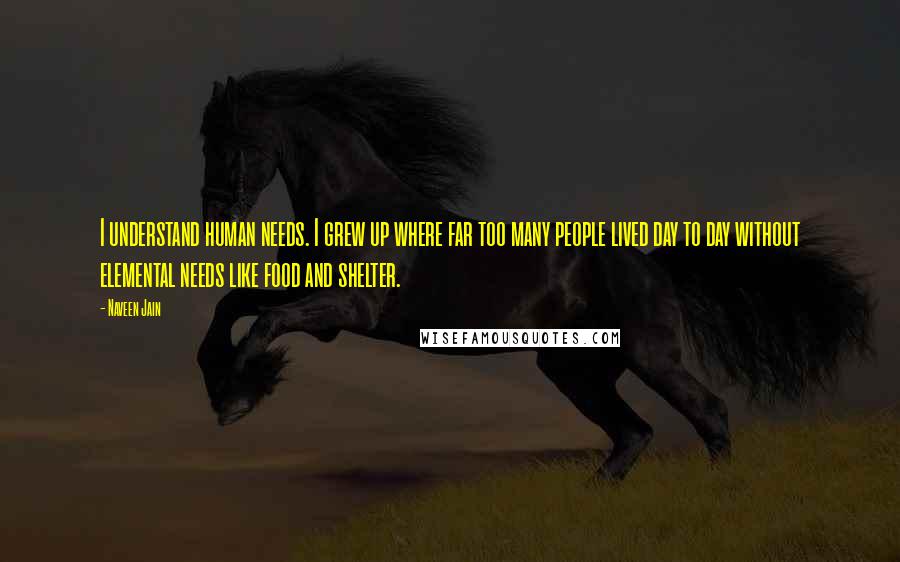 Naveen Jain Quotes: I understand human needs. I grew up where far too many people lived day to day without elemental needs like food and shelter.