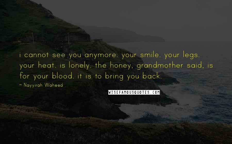 Nayyirah Waheed Quotes: i cannot see you anymore. your smile. your legs. your heat. is lonely. the honey, grandmother said, is for your blood. it is to bring you back.