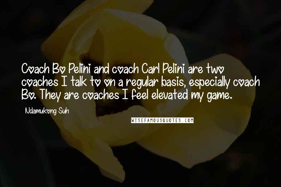 Ndamukong Suh Quotes: Coach Bo Pelini and coach Carl Pelini are two coaches I talk to on a regular basis, especially coach Bo. They are coaches I feel elevated my game.