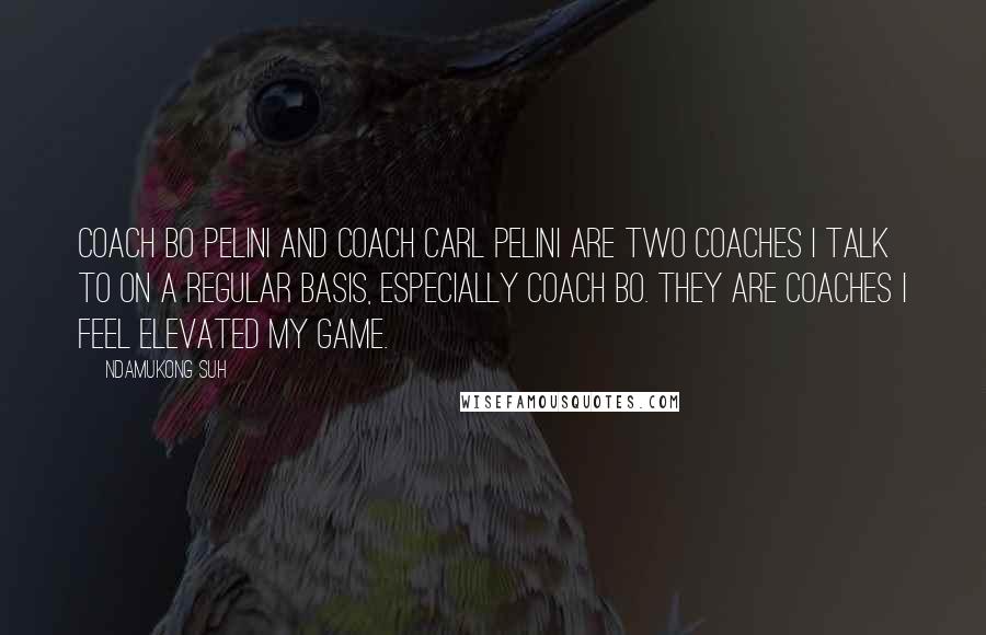 Ndamukong Suh Quotes: Coach Bo Pelini and coach Carl Pelini are two coaches I talk to on a regular basis, especially coach Bo. They are coaches I feel elevated my game.
