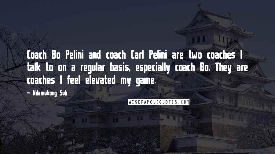 Ndamukong Suh Quotes: Coach Bo Pelini and coach Carl Pelini are two coaches I talk to on a regular basis, especially coach Bo. They are coaches I feel elevated my game.