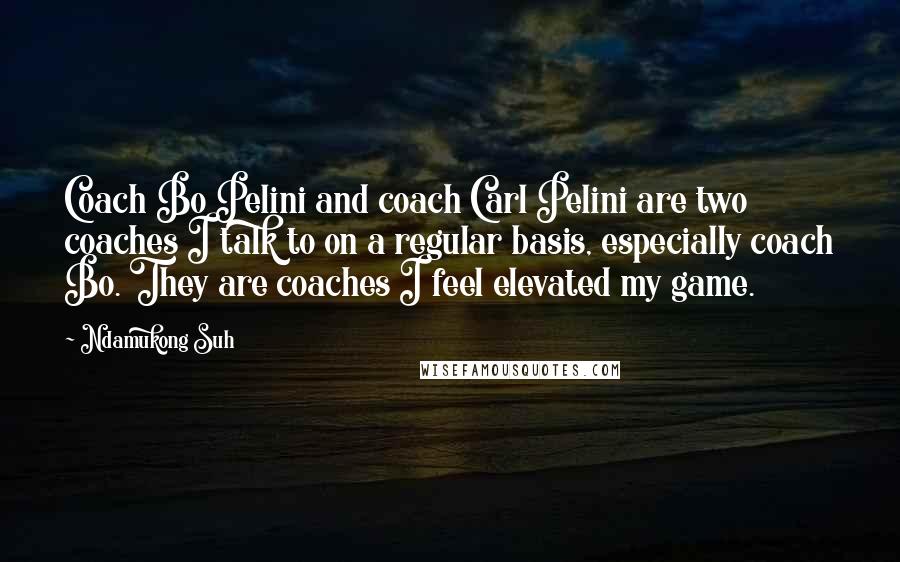 Ndamukong Suh Quotes: Coach Bo Pelini and coach Carl Pelini are two coaches I talk to on a regular basis, especially coach Bo. They are coaches I feel elevated my game.