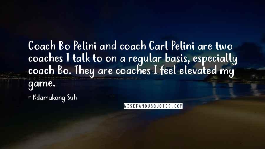 Ndamukong Suh Quotes: Coach Bo Pelini and coach Carl Pelini are two coaches I talk to on a regular basis, especially coach Bo. They are coaches I feel elevated my game.