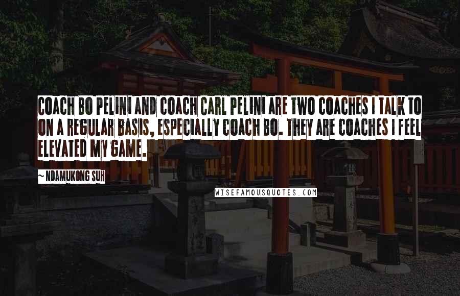 Ndamukong Suh Quotes: Coach Bo Pelini and coach Carl Pelini are two coaches I talk to on a regular basis, especially coach Bo. They are coaches I feel elevated my game.