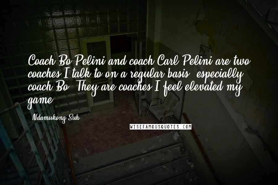 Ndamukong Suh Quotes: Coach Bo Pelini and coach Carl Pelini are two coaches I talk to on a regular basis, especially coach Bo. They are coaches I feel elevated my game.