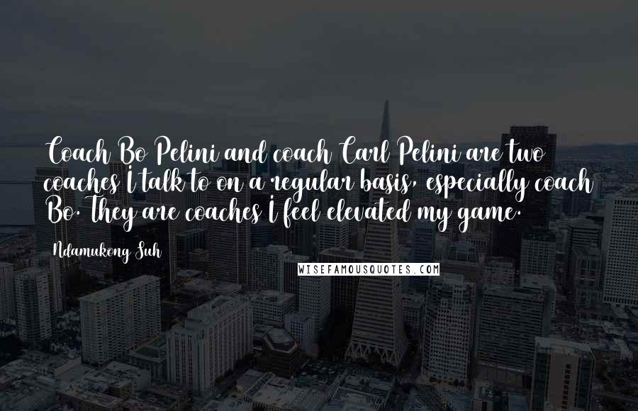Ndamukong Suh Quotes: Coach Bo Pelini and coach Carl Pelini are two coaches I talk to on a regular basis, especially coach Bo. They are coaches I feel elevated my game.