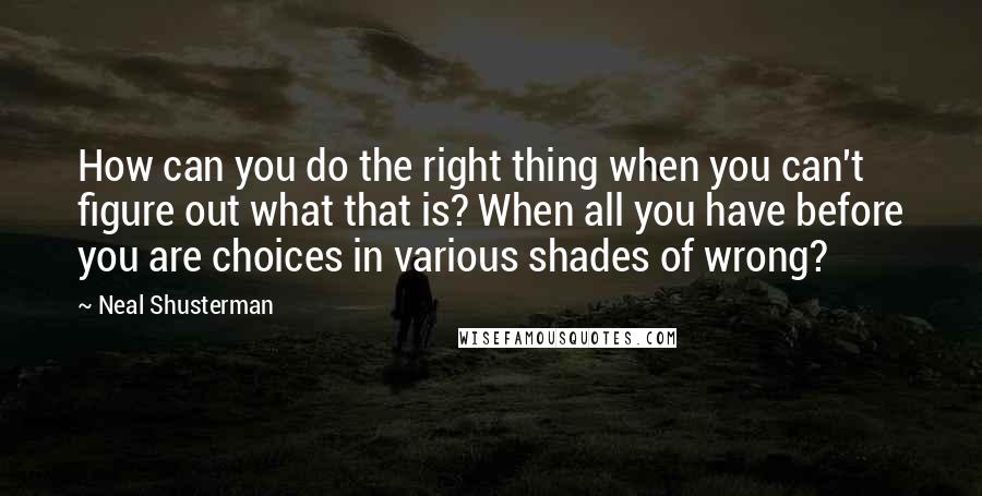 Neal Shusterman Quotes: How can you do the right thing when you can't figure out what that is? When all you have before you are choices in various shades of wrong?