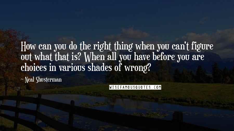 Neal Shusterman Quotes: How can you do the right thing when you can't figure out what that is? When all you have before you are choices in various shades of wrong?