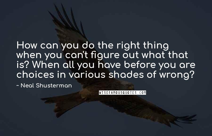 Neal Shusterman Quotes: How can you do the right thing when you can't figure out what that is? When all you have before you are choices in various shades of wrong?