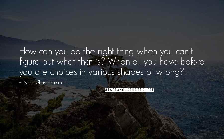 Neal Shusterman Quotes: How can you do the right thing when you can't figure out what that is? When all you have before you are choices in various shades of wrong?