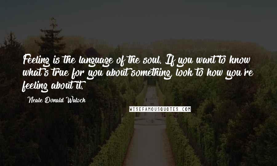 Neale Donald Walsch Quotes: Feeling is the language of the soul. If you want to know what's true for you about something, look to how you're feeling about it.