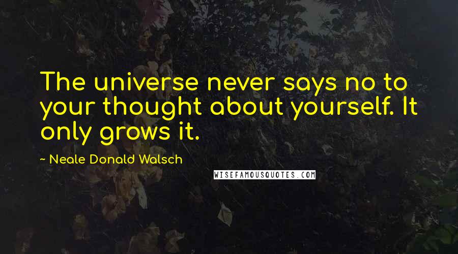 Neale Donald Walsch Quotes: The universe never says no to your thought about yourself. It only grows it.