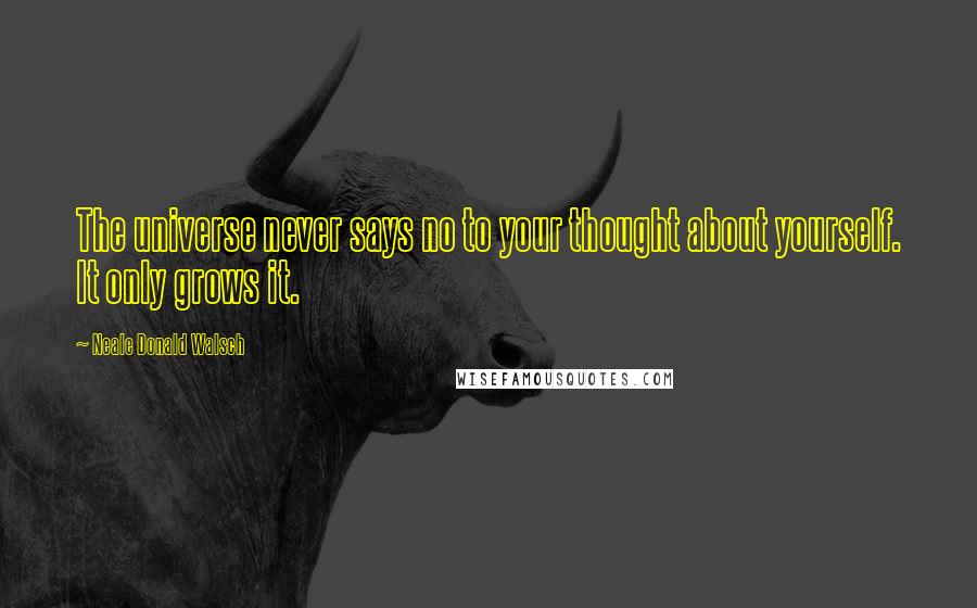 Neale Donald Walsch Quotes: The universe never says no to your thought about yourself. It only grows it.