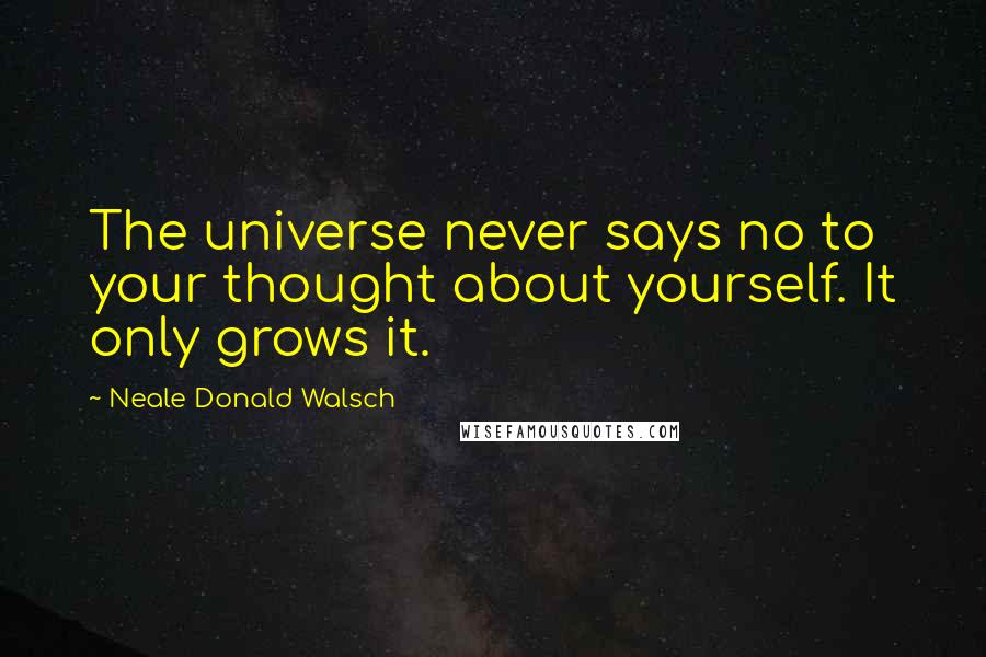 Neale Donald Walsch Quotes: The universe never says no to your thought about yourself. It only grows it.