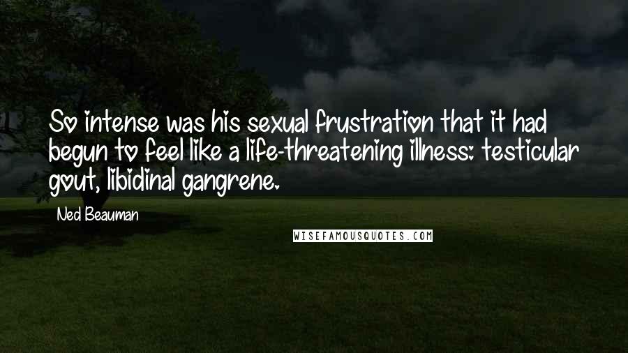 Ned Beauman Quotes: So intense was his sexual frustration that it had begun to feel like a life-threatening illness: testicular gout, libidinal gangrene.