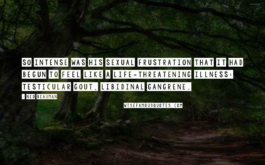 Ned Beauman Quotes: So intense was his sexual frustration that it had begun to feel like a life-threatening illness: testicular gout, libidinal gangrene.