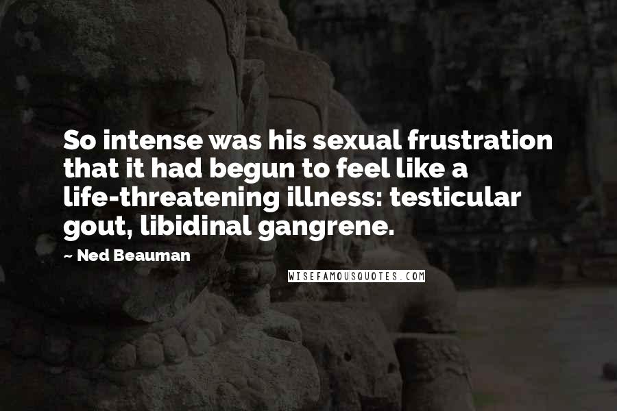 Ned Beauman Quotes: So intense was his sexual frustration that it had begun to feel like a life-threatening illness: testicular gout, libidinal gangrene.