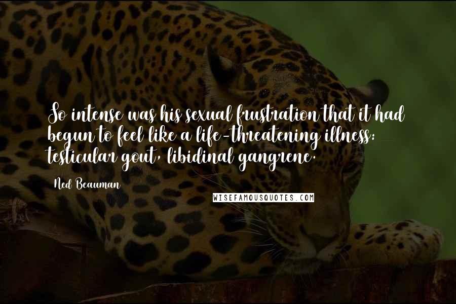Ned Beauman Quotes: So intense was his sexual frustration that it had begun to feel like a life-threatening illness: testicular gout, libidinal gangrene.