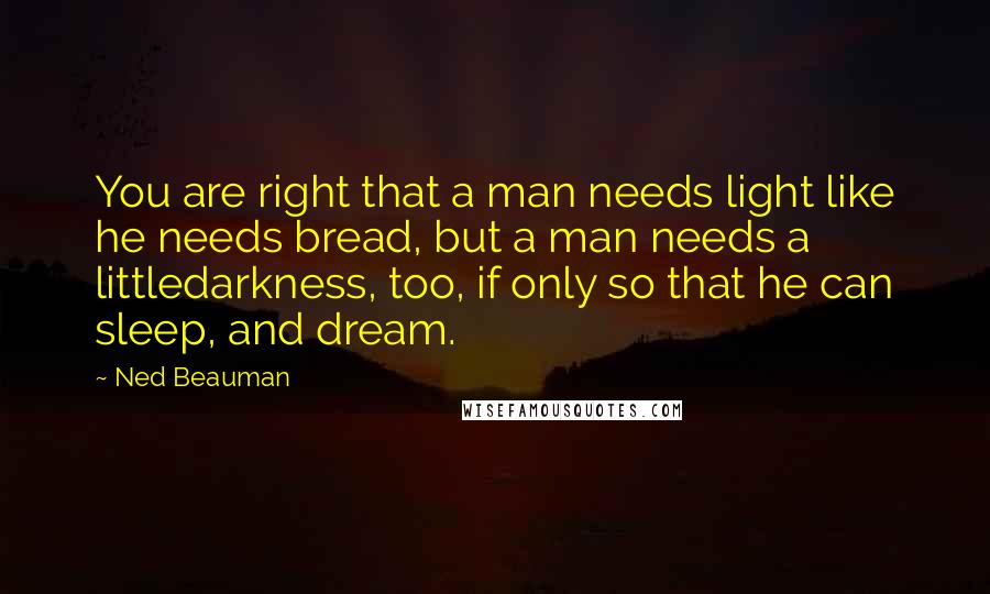 Ned Beauman Quotes: You are right that a man needs light like he needs bread, but a man needs a littledarkness, too, if only so that he can sleep, and dream.