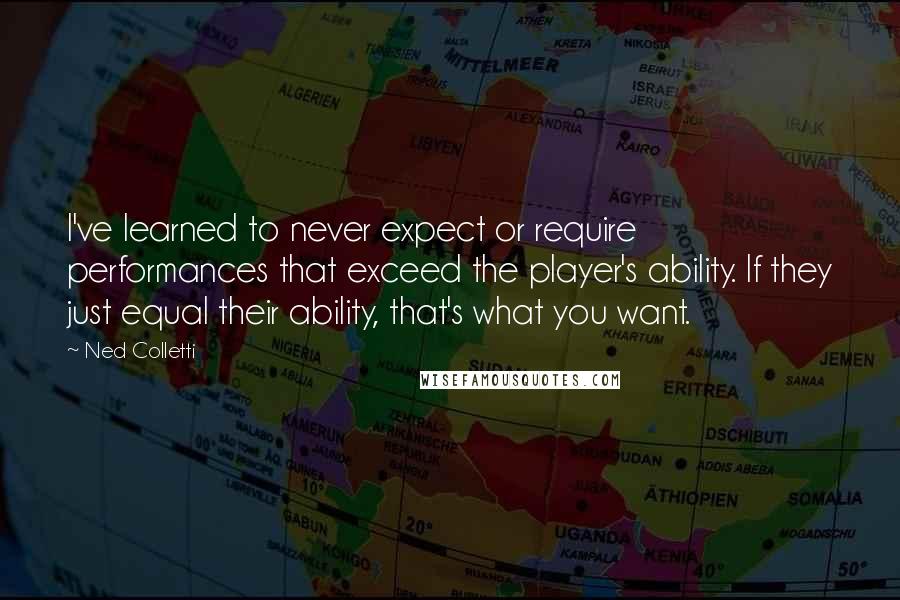 Ned Colletti Quotes: I've learned to never expect or require performances that exceed the player's ability. If they just equal their ability, that's what you want.