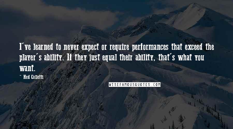 Ned Colletti Quotes: I've learned to never expect or require performances that exceed the player's ability. If they just equal their ability, that's what you want.