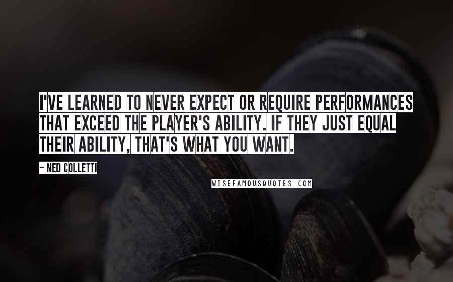 Ned Colletti Quotes: I've learned to never expect or require performances that exceed the player's ability. If they just equal their ability, that's what you want.