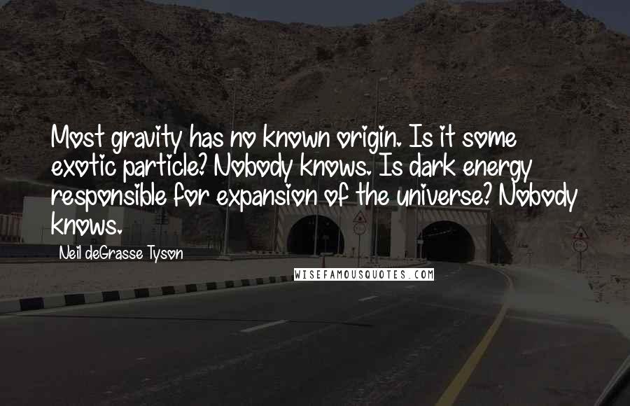 Neil DeGrasse Tyson Quotes: Most gravity has no known origin. Is it some exotic particle? Nobody knows. Is dark energy responsible for expansion of the universe? Nobody knows.