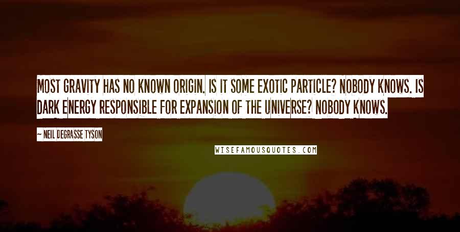 Neil DeGrasse Tyson Quotes: Most gravity has no known origin. Is it some exotic particle? Nobody knows. Is dark energy responsible for expansion of the universe? Nobody knows.