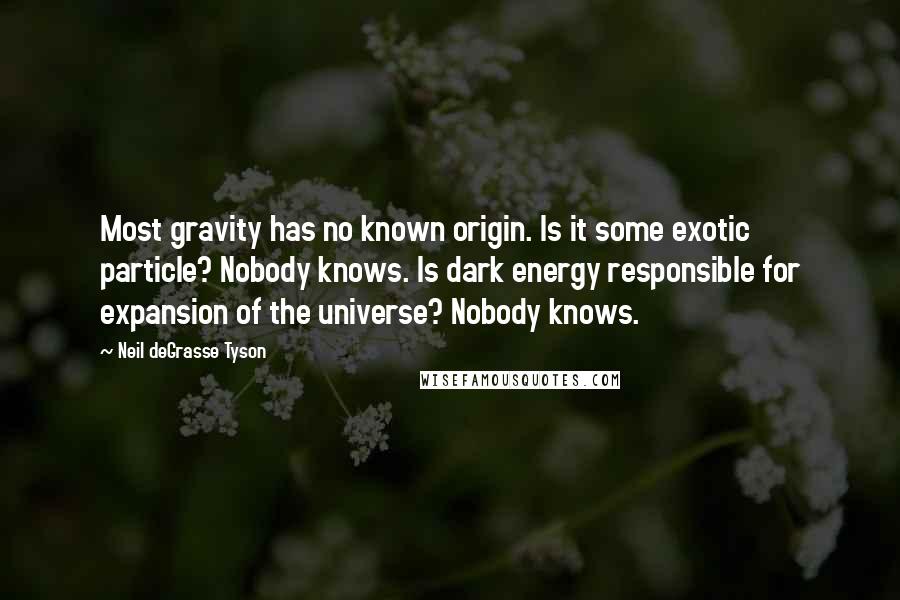 Neil DeGrasse Tyson Quotes: Most gravity has no known origin. Is it some exotic particle? Nobody knows. Is dark energy responsible for expansion of the universe? Nobody knows.