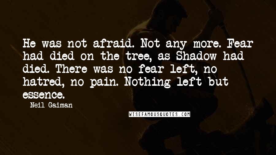 Neil Gaiman Quotes: He was not afraid. Not any more. Fear had died on the tree, as Shadow had died. There was no fear left, no hatred, no pain. Nothing left but essence.