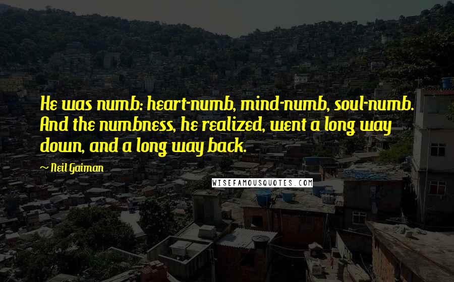 Neil Gaiman Quotes: He was numb: heart-numb, mind-numb, soul-numb. And the numbness, he realized, went a long way down, and a long way back.