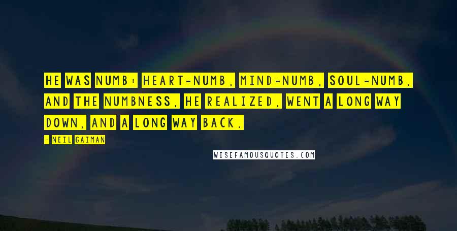 Neil Gaiman Quotes: He was numb: heart-numb, mind-numb, soul-numb. And the numbness, he realized, went a long way down, and a long way back.