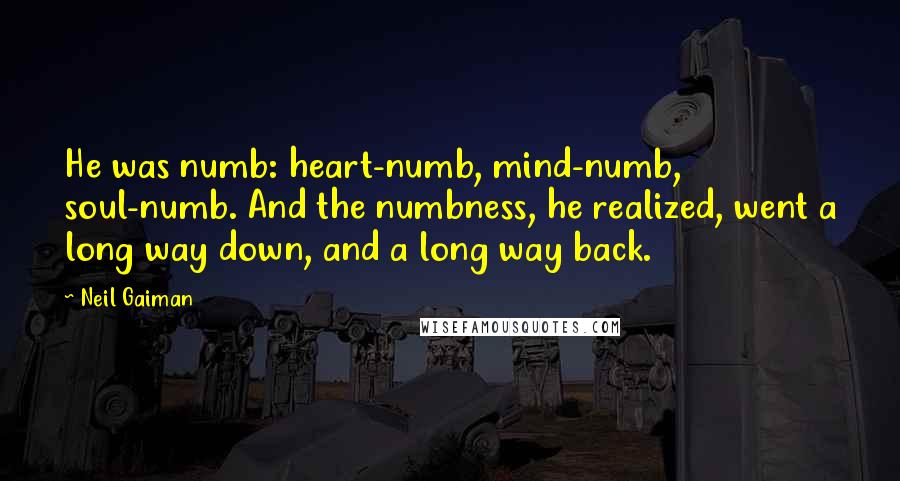 Neil Gaiman Quotes: He was numb: heart-numb, mind-numb, soul-numb. And the numbness, he realized, went a long way down, and a long way back.