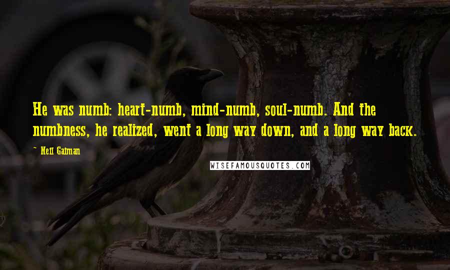 Neil Gaiman Quotes: He was numb: heart-numb, mind-numb, soul-numb. And the numbness, he realized, went a long way down, and a long way back.