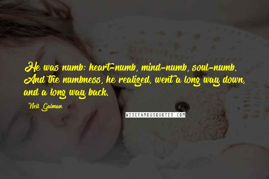 Neil Gaiman Quotes: He was numb: heart-numb, mind-numb, soul-numb. And the numbness, he realized, went a long way down, and a long way back.