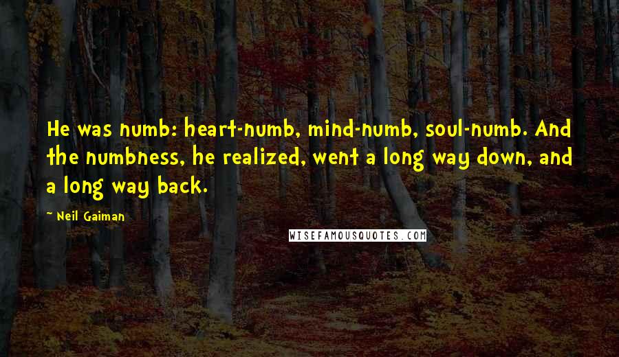 Neil Gaiman Quotes: He was numb: heart-numb, mind-numb, soul-numb. And the numbness, he realized, went a long way down, and a long way back.