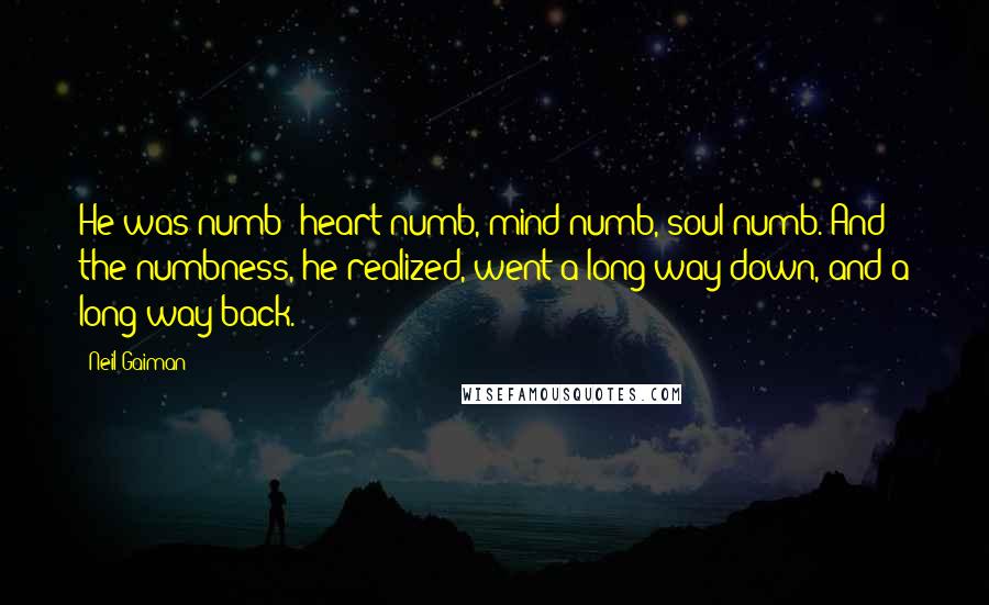 Neil Gaiman Quotes: He was numb: heart-numb, mind-numb, soul-numb. And the numbness, he realized, went a long way down, and a long way back.