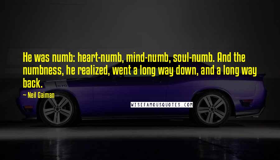 Neil Gaiman Quotes: He was numb: heart-numb, mind-numb, soul-numb. And the numbness, he realized, went a long way down, and a long way back.
