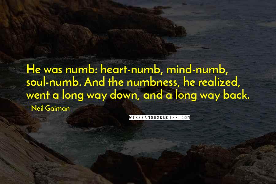 Neil Gaiman Quotes: He was numb: heart-numb, mind-numb, soul-numb. And the numbness, he realized, went a long way down, and a long way back.